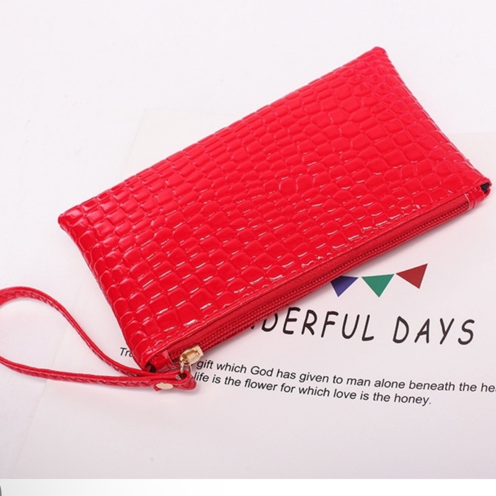 Vibrant Red Textured Clutch with Wrist Strap